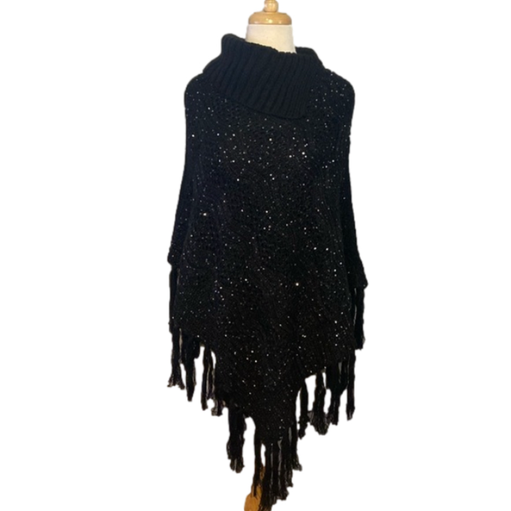 Cato Pullover Poncho Ribbed Sweater Neckline Black Sequin Front Black One Size